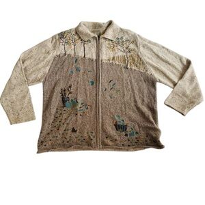 Vintage TanJay embroidered Fall leaves, trees motif zipper front ribbed sweater